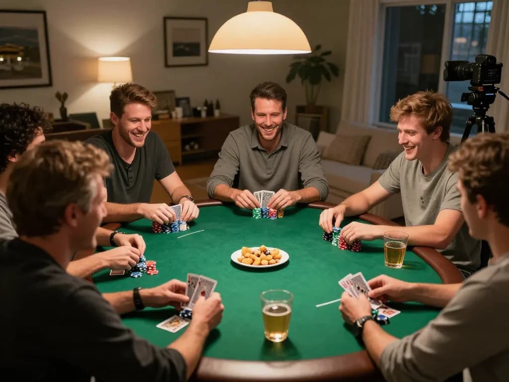 Players engaging in a thrilling poker night, showcasing vaobet strategies among friends in a friendly atmosphere.