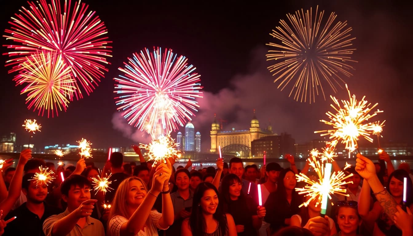 Witness a spectacular display of manchester fireworks illuminating the sky above a bustling crowd.