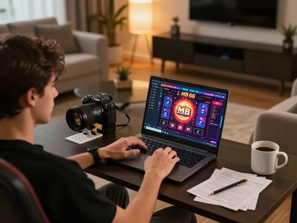 Player enjoying MB 66 online casino gaming on laptop in cozy living room atmosphere.