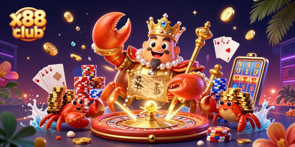 Play at x88 club with a golden crab emperor amidst treasure and vibrant casino elements.