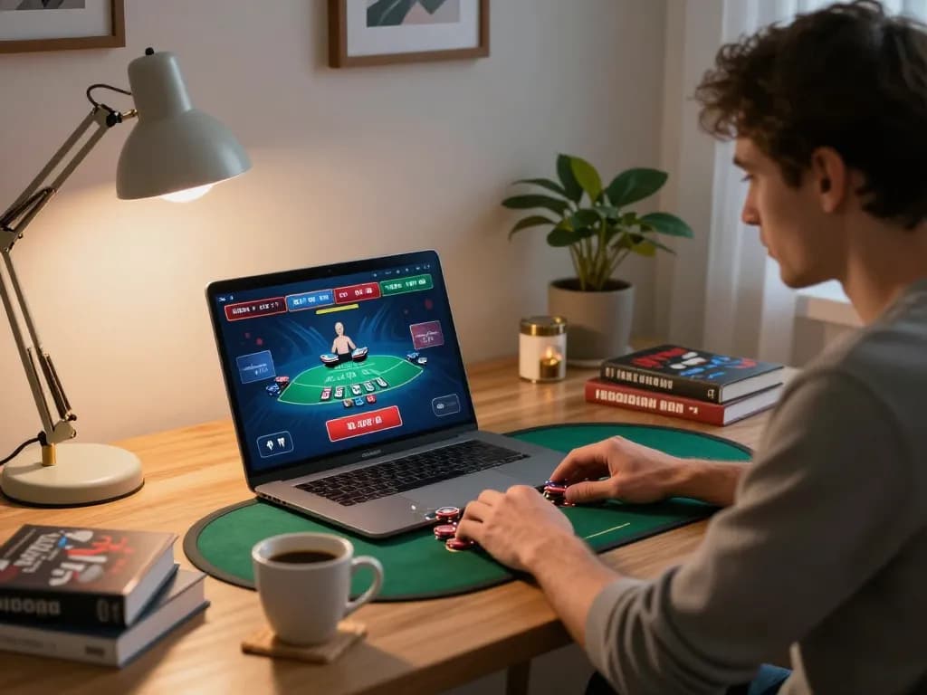 n188 player enjoying a thrilling live dealer blackjack game at home, focusing on strategies in a cozy atmosphere.