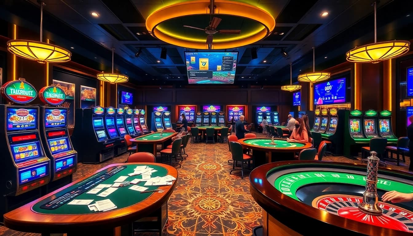 Players enjoying a vibrant casino experience at https://thabet.vegas/ with exciting slot machines and poker games.
