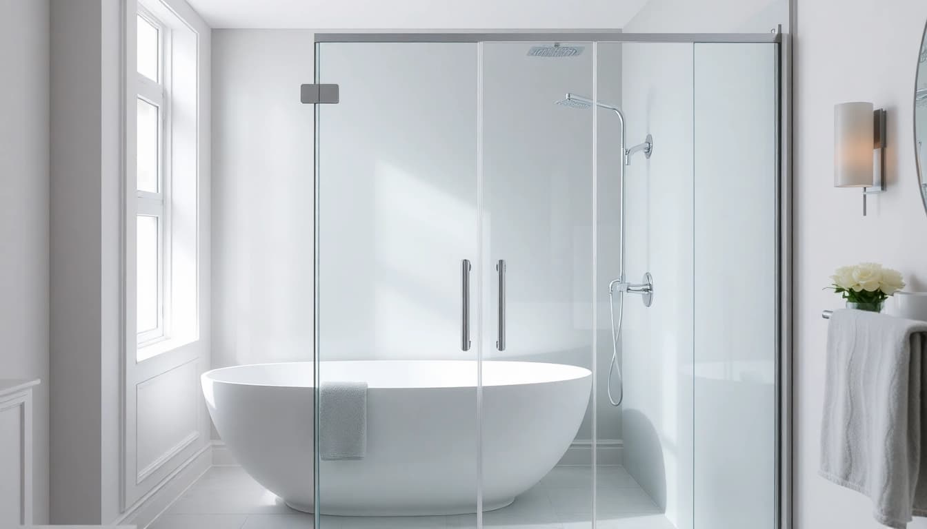 Stylish wet room shower screen enhances modern bathroom décor with sleek design.