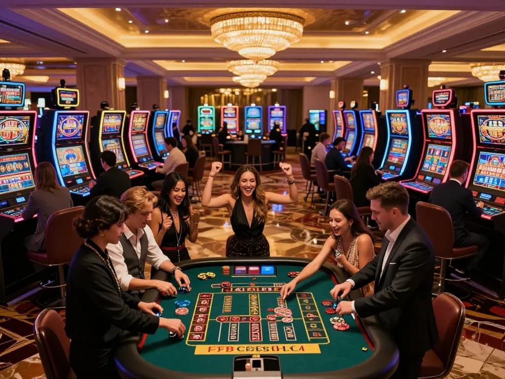 Players celebrating a win at the casino while enjoying popular games at RR88, vibrant atmosphere and luxury decor.