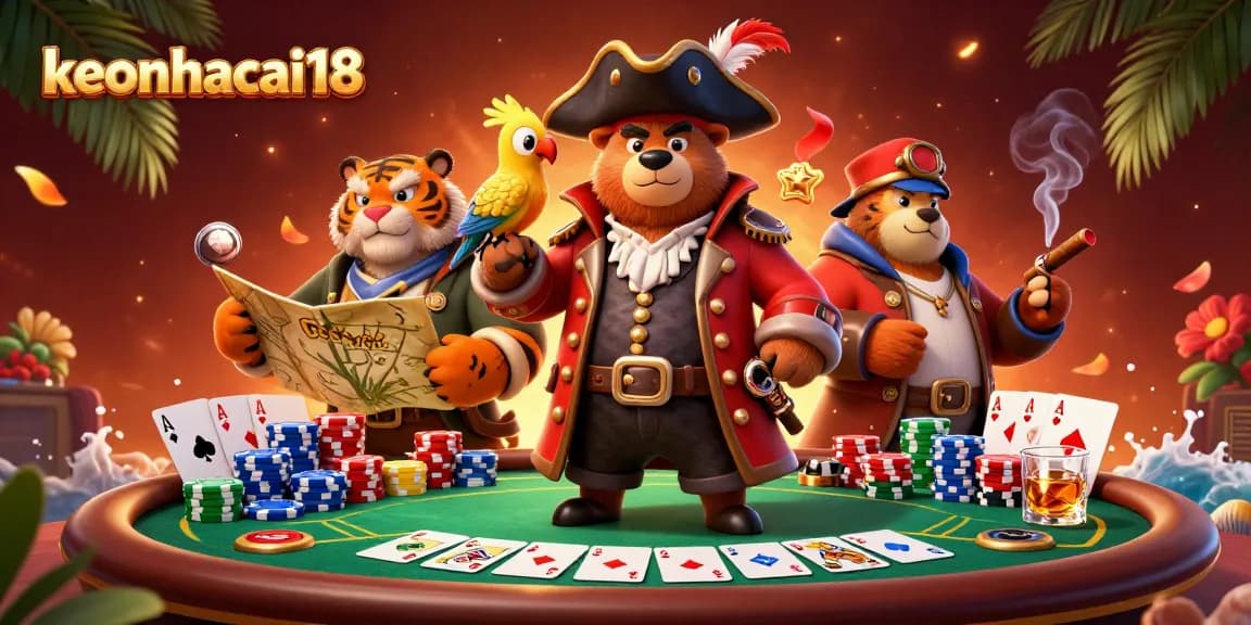 Experience exciting poker action with keonhacai18, featuring a spirited bear and tiger duo amidst vibrant casino elements.