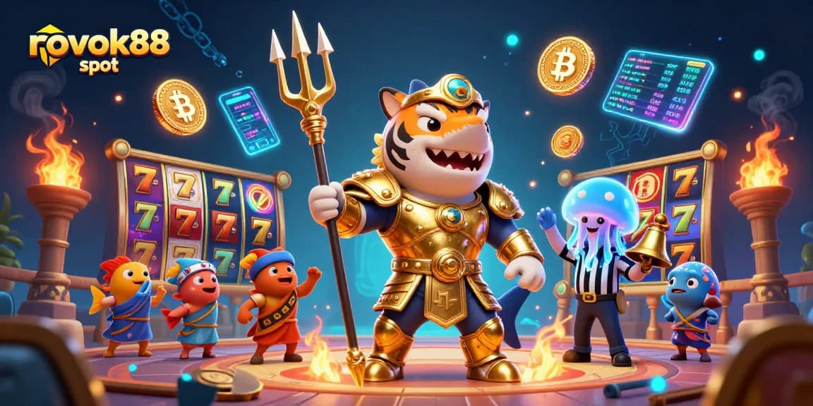Win big with rokok88 slot in a vibrant underwater casino, featuring dynamic slot reels and characters.