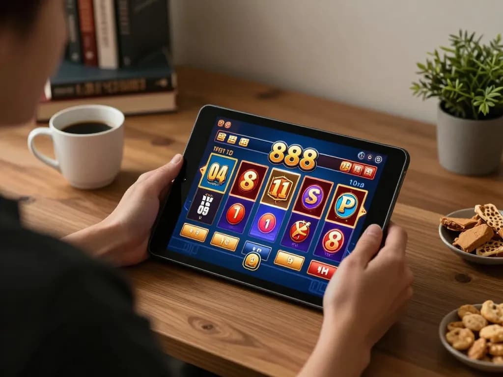 Engaged user playing 888slot on tablet during a cozy home gaming session.
