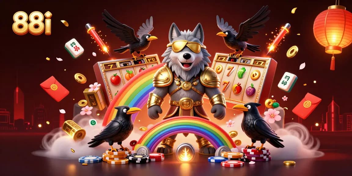 Experience the thrill of 88i with Odin and ravens in an engaging casino-themed illustration.