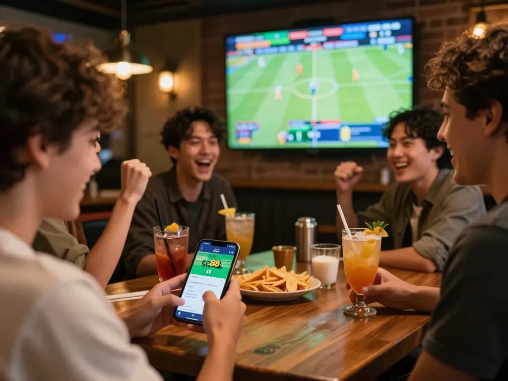 Friends enjoying sports betting on sc88 app while celebrating a win in a lively bar environment.