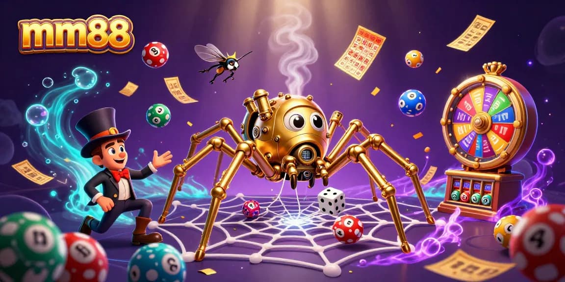 Experience thrilling moments with mm88 as a golden spider catches dice in a vibrant casino web.