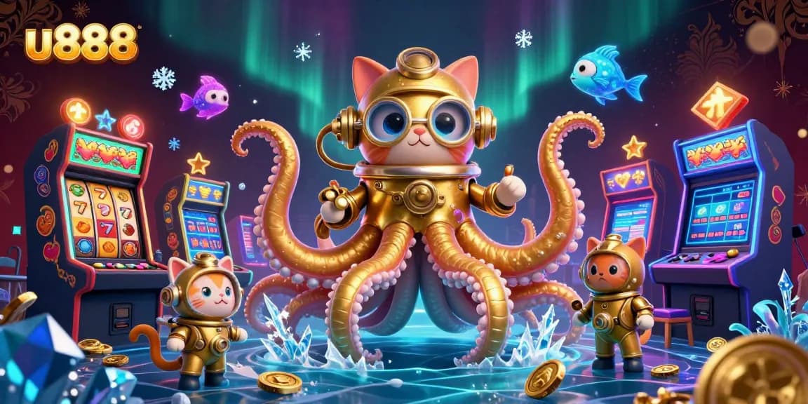 Engage in thrilling casino adventures with u888, featuring vibrant slot reels and a colossal kraken.