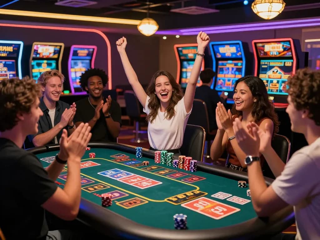 Players at a vibrant virtual casino enjoying a sun win gaming experience, celebrating a big win amidst high-tech interactive gaming tables.