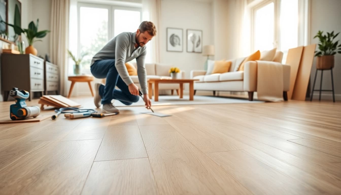 Find reliable flooring companies near me with stunning blonde oak vinyl flooring in a beautifully decorated space.