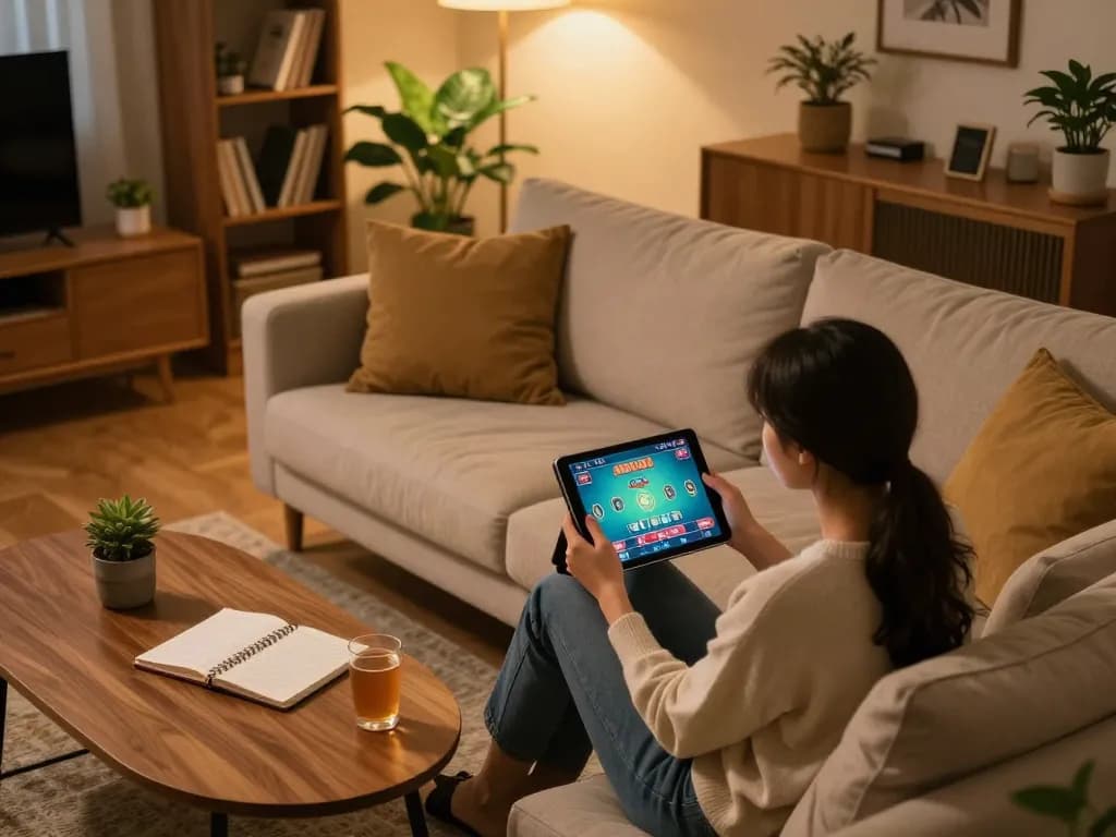 A person playing tài xỉu online on a tablet from a cozy home setting