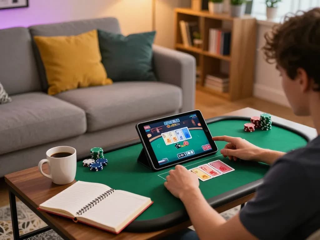 Engaged player enjoying online poker on a tablet, showcasing 888b gaming atmosphere
