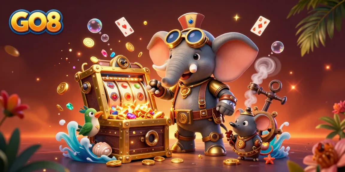 Win big with GO8's exciting slot machines, featuring a steampunk elephant and dazzling treasures.