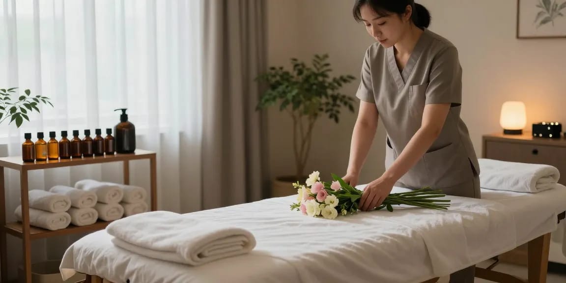 Therapist preparing for 백석출장마사지 in a calming wellness room with soothing decor.
