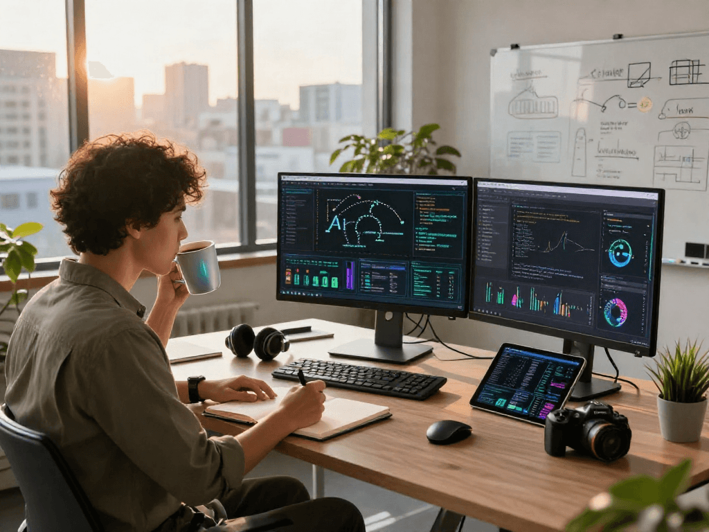 Professional workspace with a data scientist analyzing AI algorithms using juicy ai technology, surrounded by modern gadgets and city views.