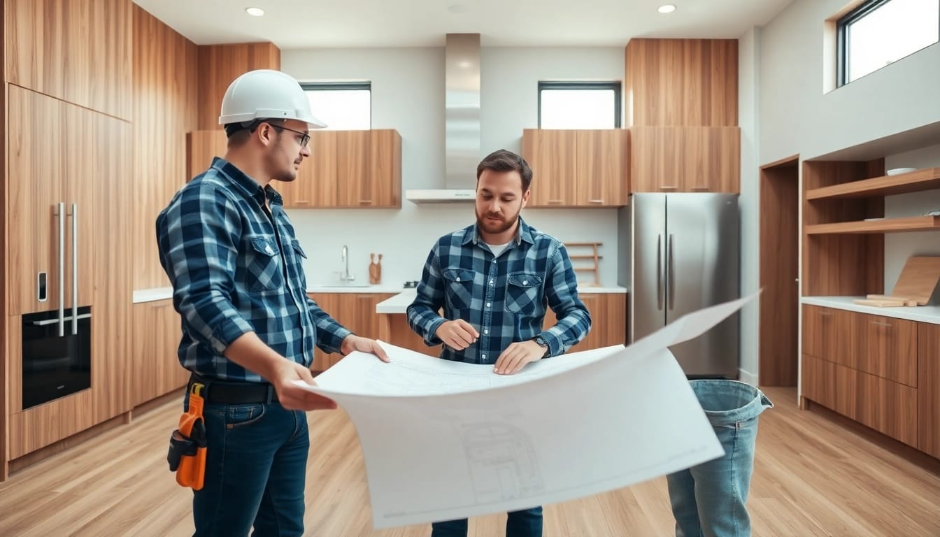 Find skilled renovators near me collaborating on a stylish kitchen renovation.