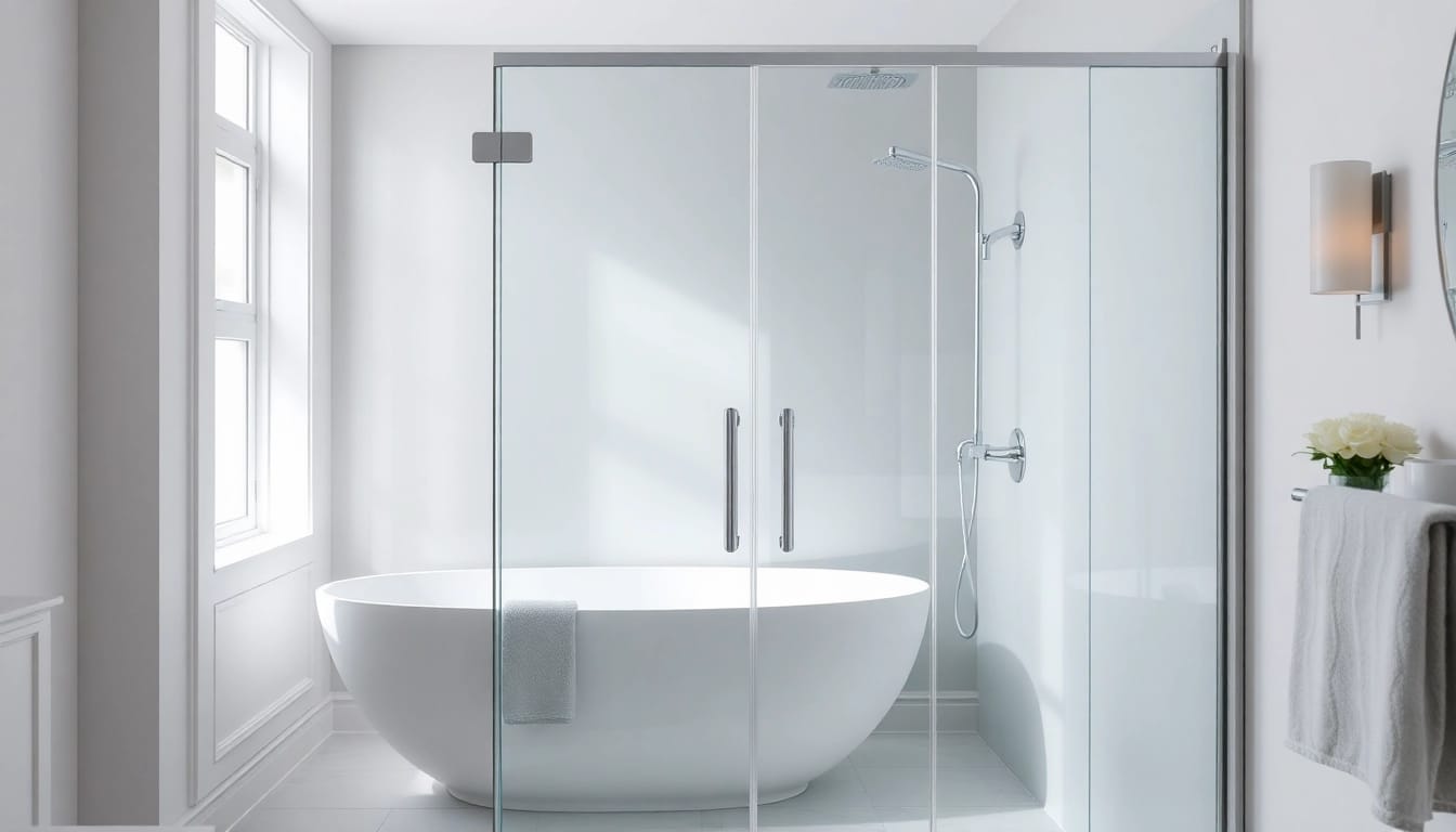 Stylish wet room shower screen enhances modern bathroom décor with sleek design.