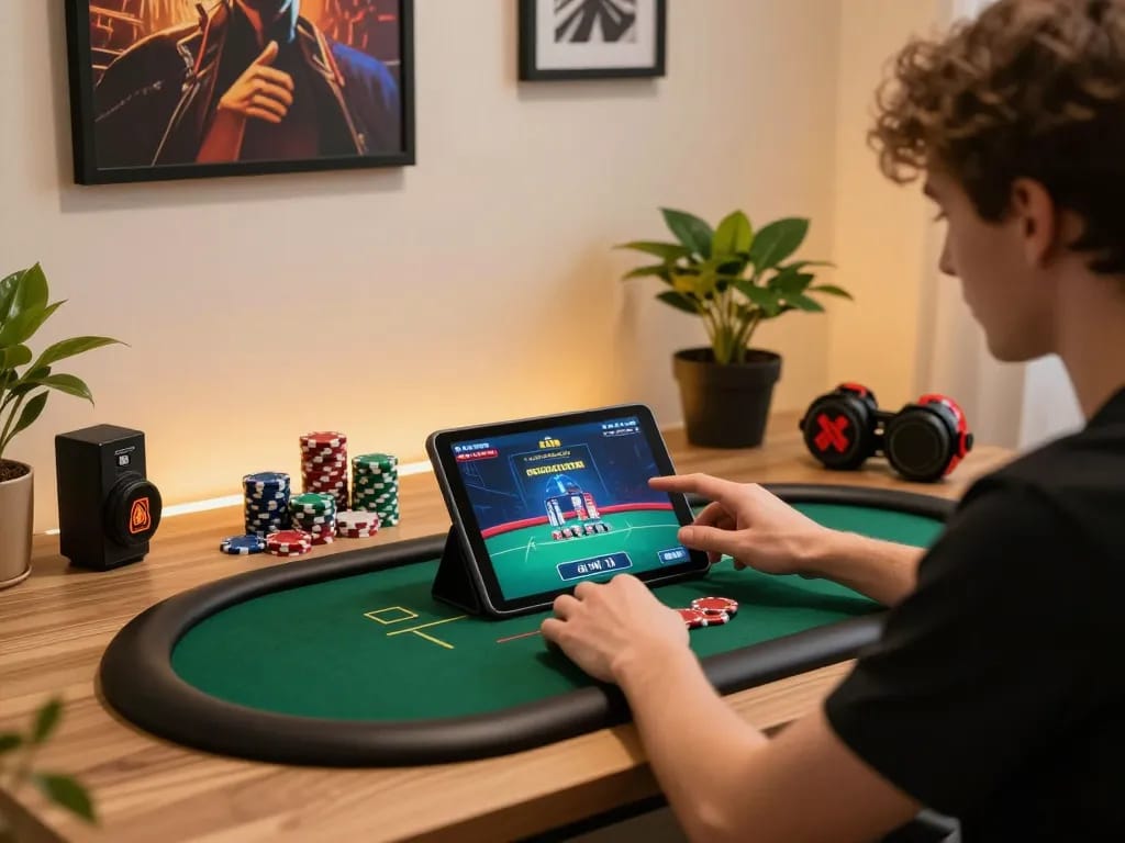 Player enjoying poker on a tablet while tracking mn88 strategies on a modern desk with chips and notes.
