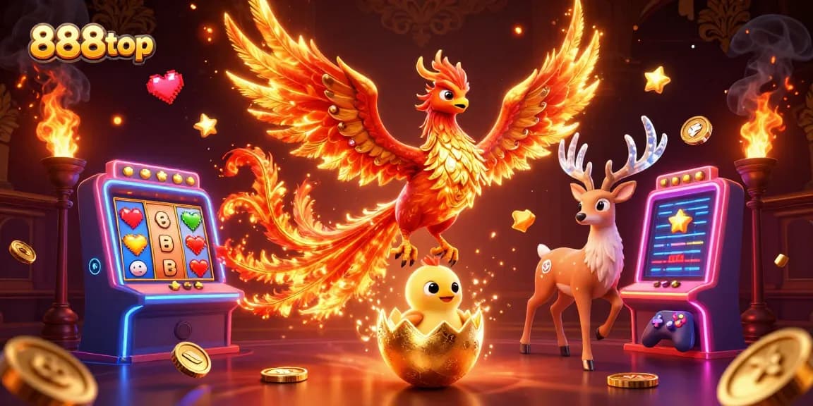 Engage with 888top's vibrant casino atmosphere featuring mythical phoenixes and dynamic gaming elements.