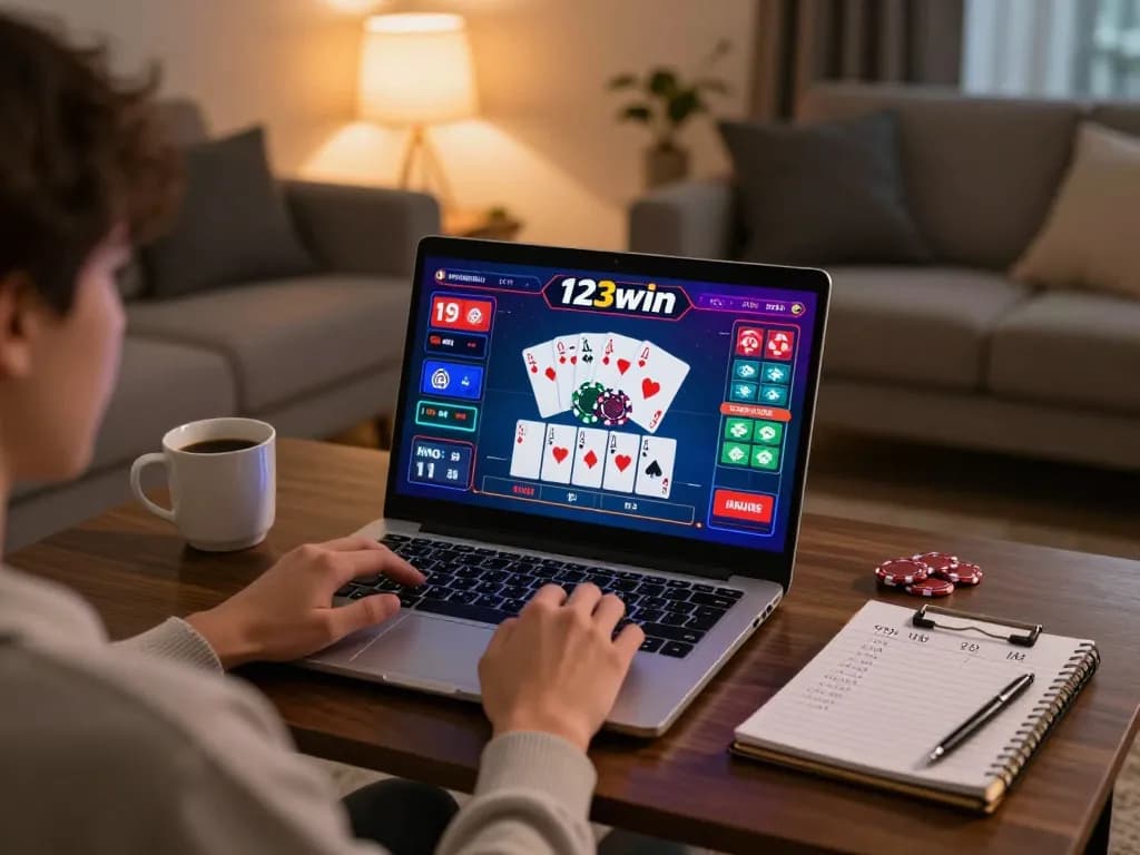 Engaging with 123win poker game while relaxing at home, showcasing comfortable gaming setup.