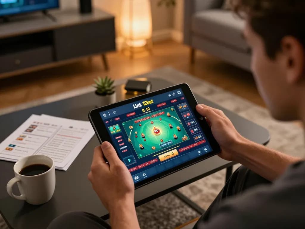 Người chơi sử dụng ứng dụng Link 12bet trên máy tính bảng tại một không gian sống ấm cúng, thể hiện trải nghiệm chơi game hiện đại.