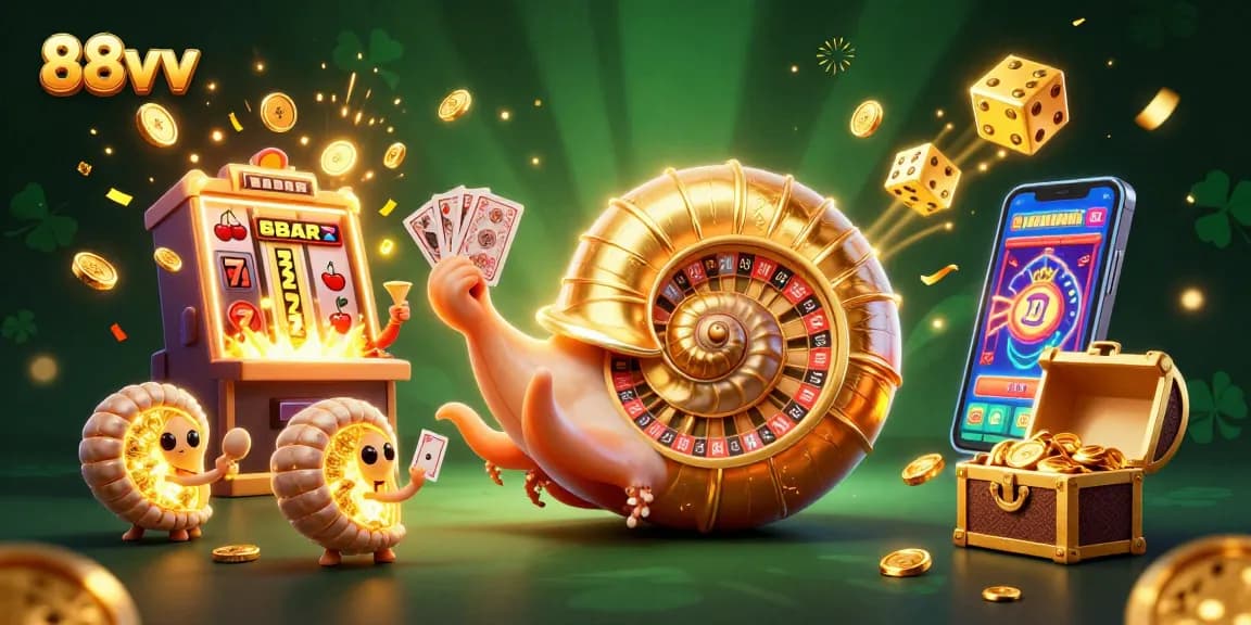 Experience the thrill of winning at 88vv with a vibrant casino scene featuring games and golden treasures.