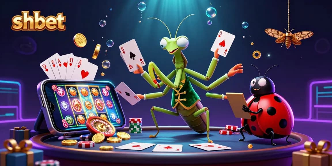 Engage in thrilling gaming with shbet featuring a 3D mantis dealer amid vibrant casino elements.