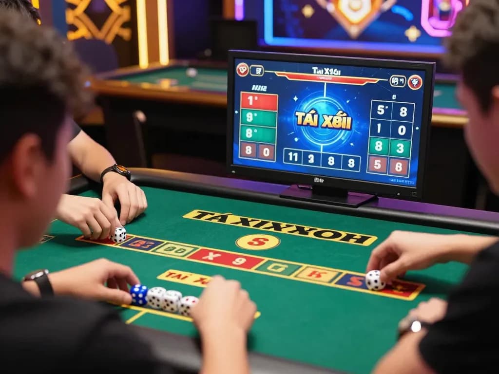 Engage in thrilling game tài xỉu gameplay while rolling dice in an immersive online casino setting.