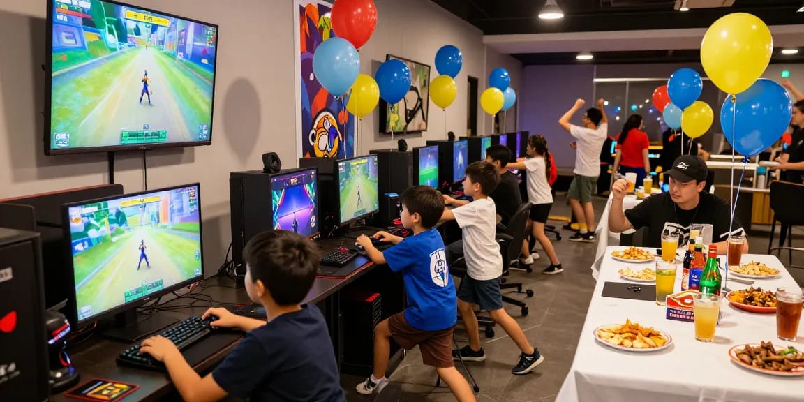 Gaming party London with kids enjoying a Fortnite tournament in a festive venue atmosphere.