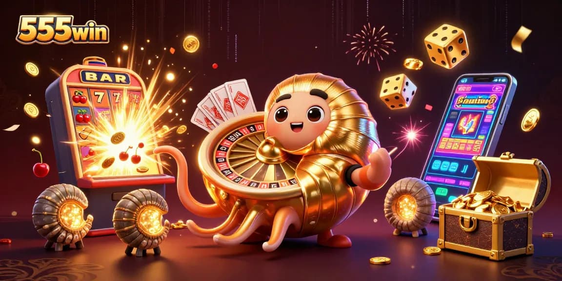 Experience exhilarating gameplay on 555win with a vibrant 3D casino-themed illustration showcasing dynamic gaming elements.
