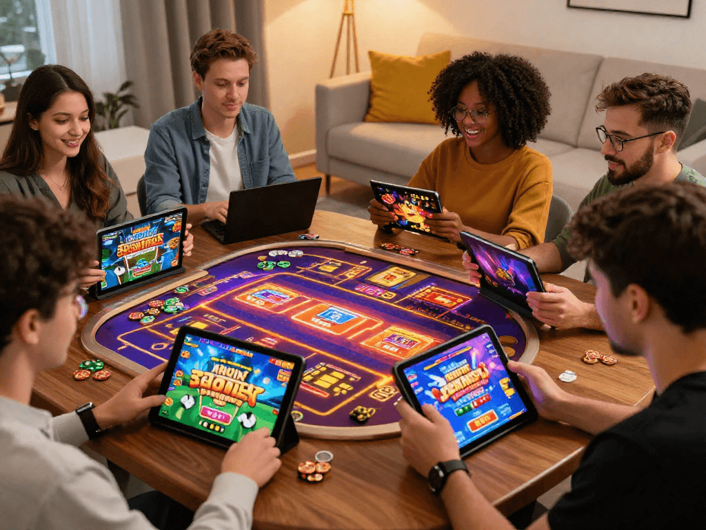 Players engaging with non-GamStop casinos at https://neccr.org.uk in a vibrant home setting, featuring diverse games and exciting bonuses.