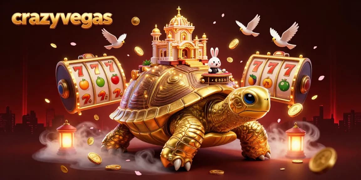 Experience the excitement of crazyvegas with a golden tortoise casino, rabbit dealer, and flying coins.