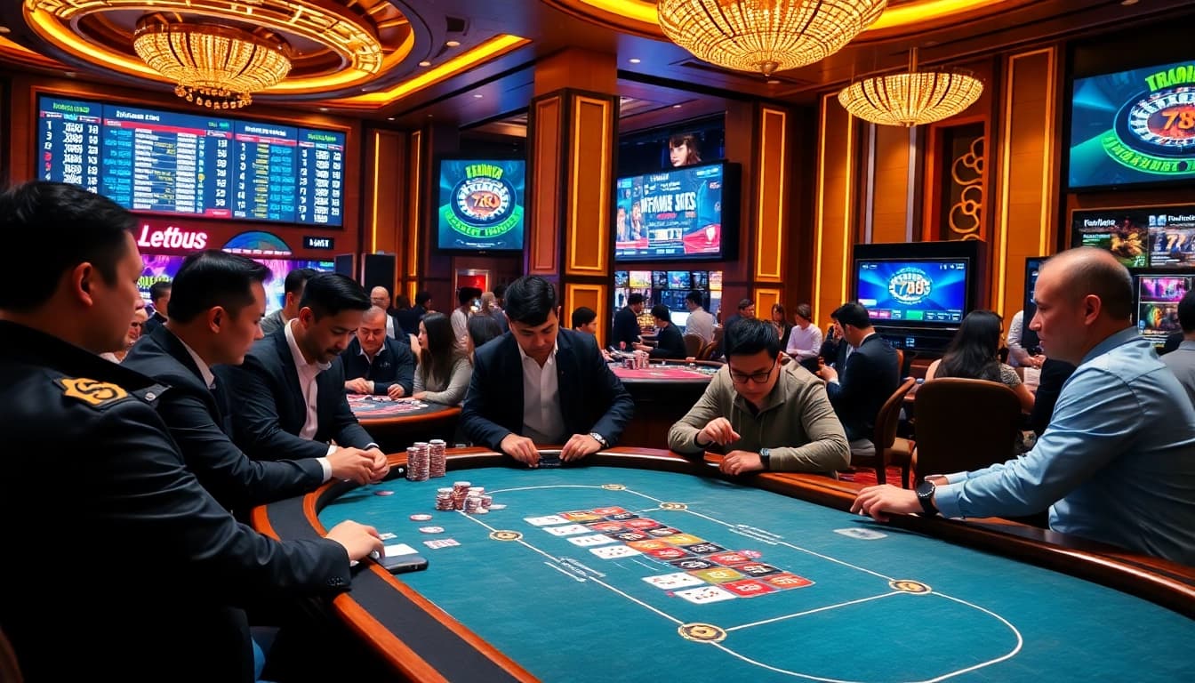 TT88 players enjoying an exciting poker game at a vibrant casino table with colorful chips and cards.