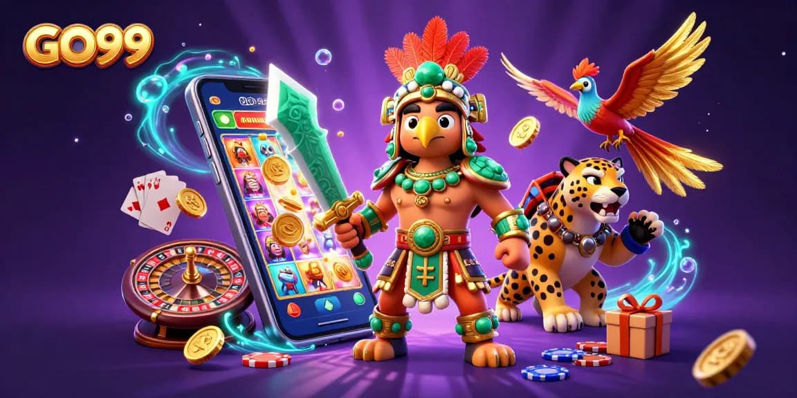 Capture the excitement of gaming at GO99 with vibrant illustrations of warriors and casino elements.