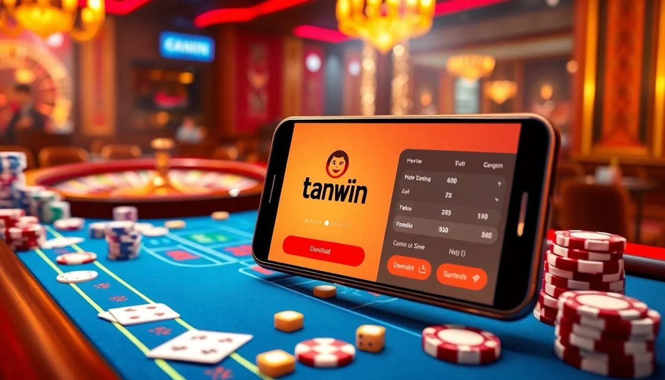 Tải sunwin app being downloaded amid vibrant casino elements like chips and roulette.