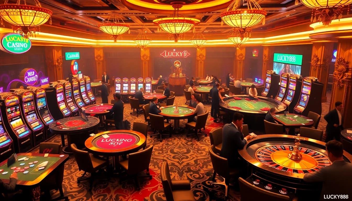 Exciting scene of players enjoying LUCKY88 at carnival-style casino tables filled with vibrant slot machines and poker chips.