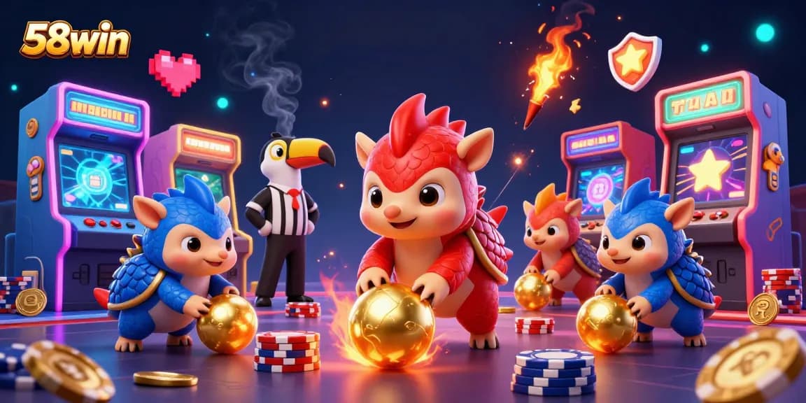 Engage in exciting gaming action with 58win's vibrant 3D cartoon pangolins surrounded by casino elements.