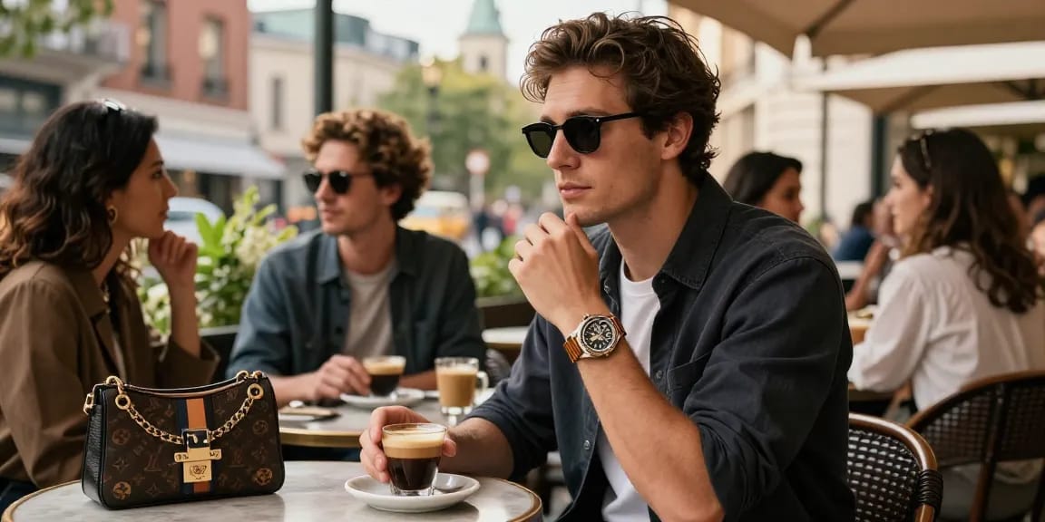 Showcasing an individual wearing a stylish clone watch while enjoying time at an outdoor café, representing luxury.