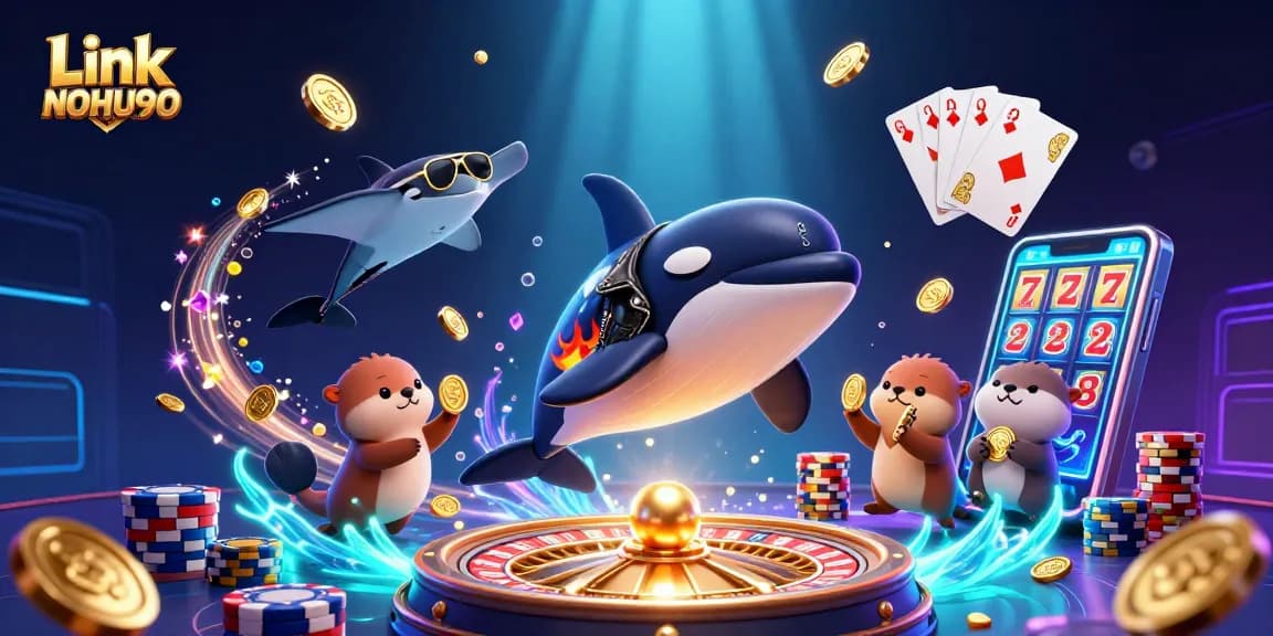 Experience the excitement with Link NOHU90 in this vibrant casino scene featuring an orca, stingray, and otters!