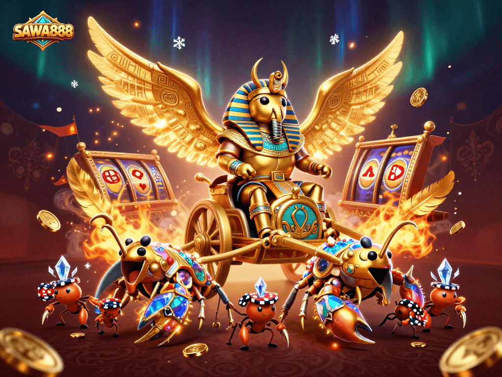SAWA888 features a colossal golden scarab beetle in a thrilling casino scene with dynamic gameplay elements.
