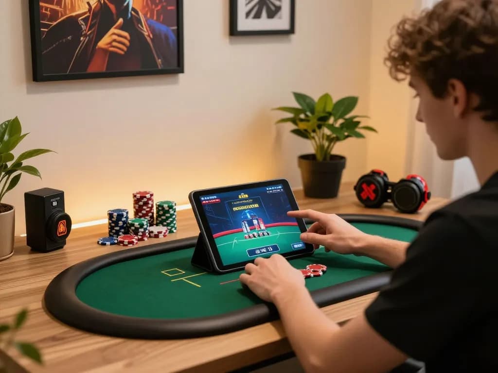 Player enjoying poker on a tablet while tracking mn88 strategies on a modern desk with chips and notes.