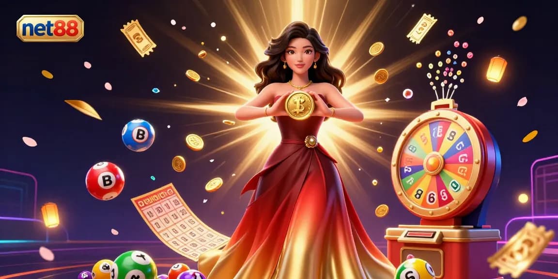 Experience the thrill of net88 with a stunning 3D casino scene showcasing vibrant lottery games.