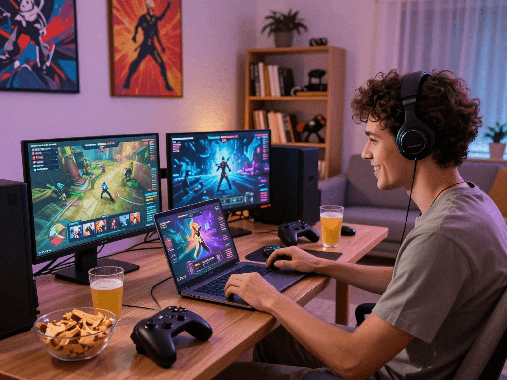 Engaged person playing free porn games on a sleek laptop in a vibrant living room.