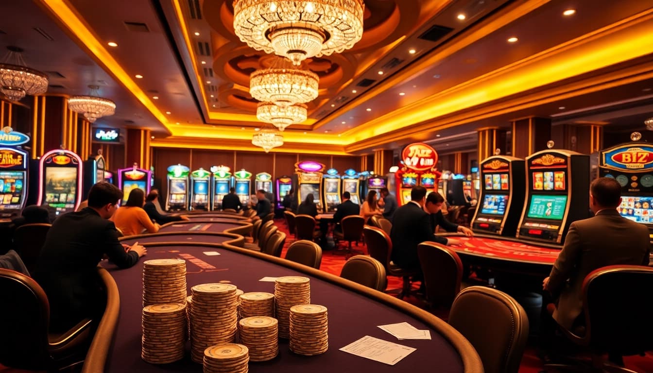 Players enjoying high-stakes games at the b52 club casino, surrounded by vibrant slot machines.