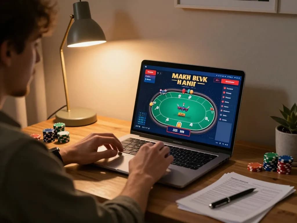 Engaging in online poker with Kwin on a cozy home setup, complete with strategy notes.