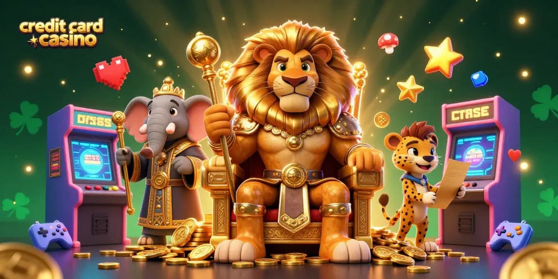 Engage with the vibrant credit card casino world featuring a lion king, elephant advisor, and cheetah messenger.