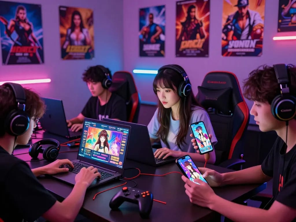 Interactive gaming environment showcasing players engaged in porngame with laptops and mobile devices amidst colorful decorations.